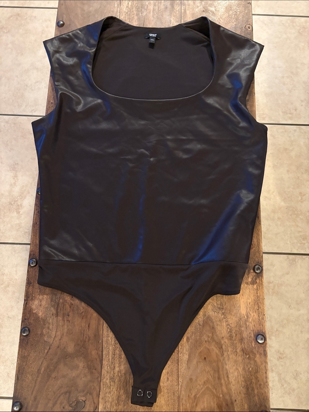 Express Brown Faux-Leather Scoop Neck One-Piece Bodysuit - like new